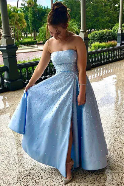 Blue fashion elegant exquisite pearl beading long satin ball gown evening dress gh3308
