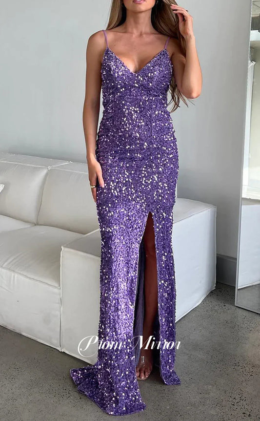 Purple Sequin Bodycon Sheath Long Prom Dresses