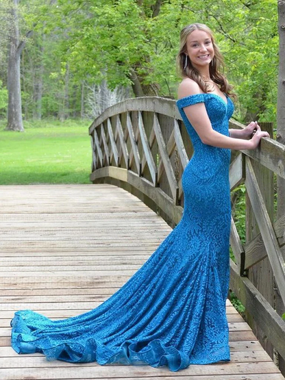 Off Shoulder Blue Mermaid Lace Long Evening Dressesï¼_ormal Prom Dress SH639