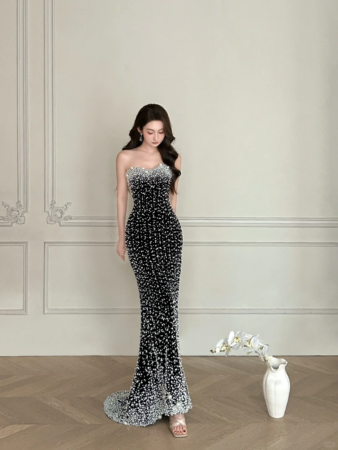 Unique Pearl Mermaid Sweetheart Neck Black Satin Long Date Dress Evening Dress Prom Dress SH3445