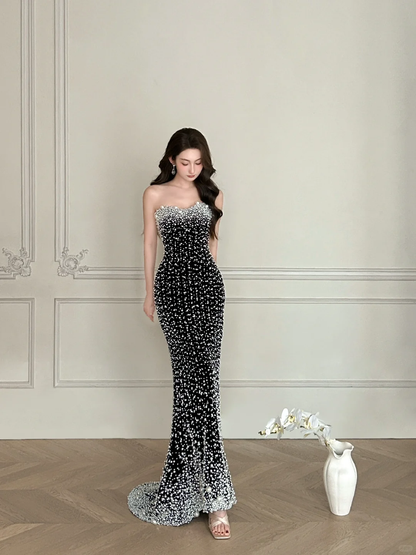 Unique Pearl Mermaid Sweetheart Neck Black Satin Long Date Dress Evening Dress Prom Dress SH3445