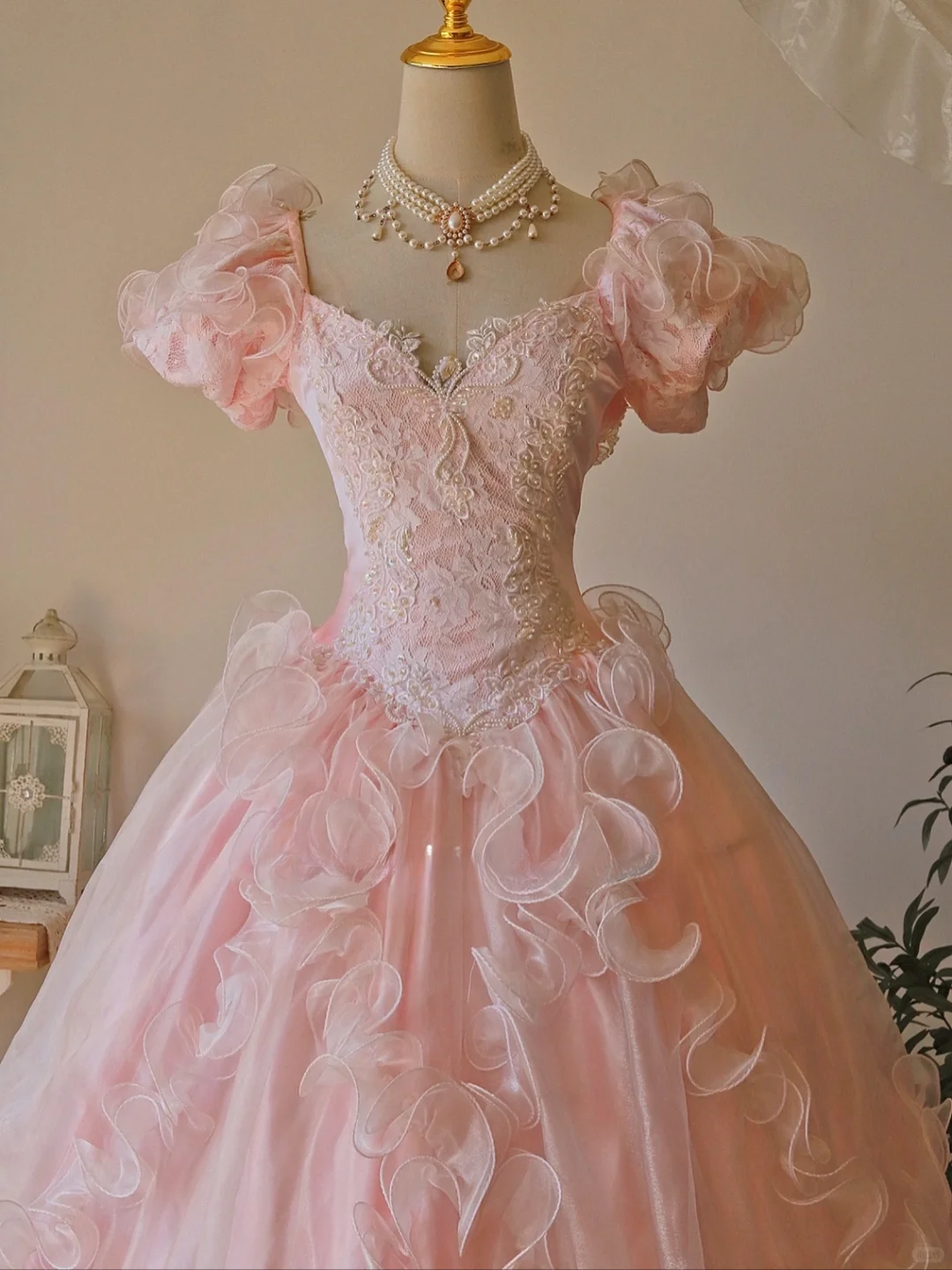 Princess Pink Ball Gown Puff Lace Appliques Satin Tulle Prom Dress 18th Birthday Dress SH3896