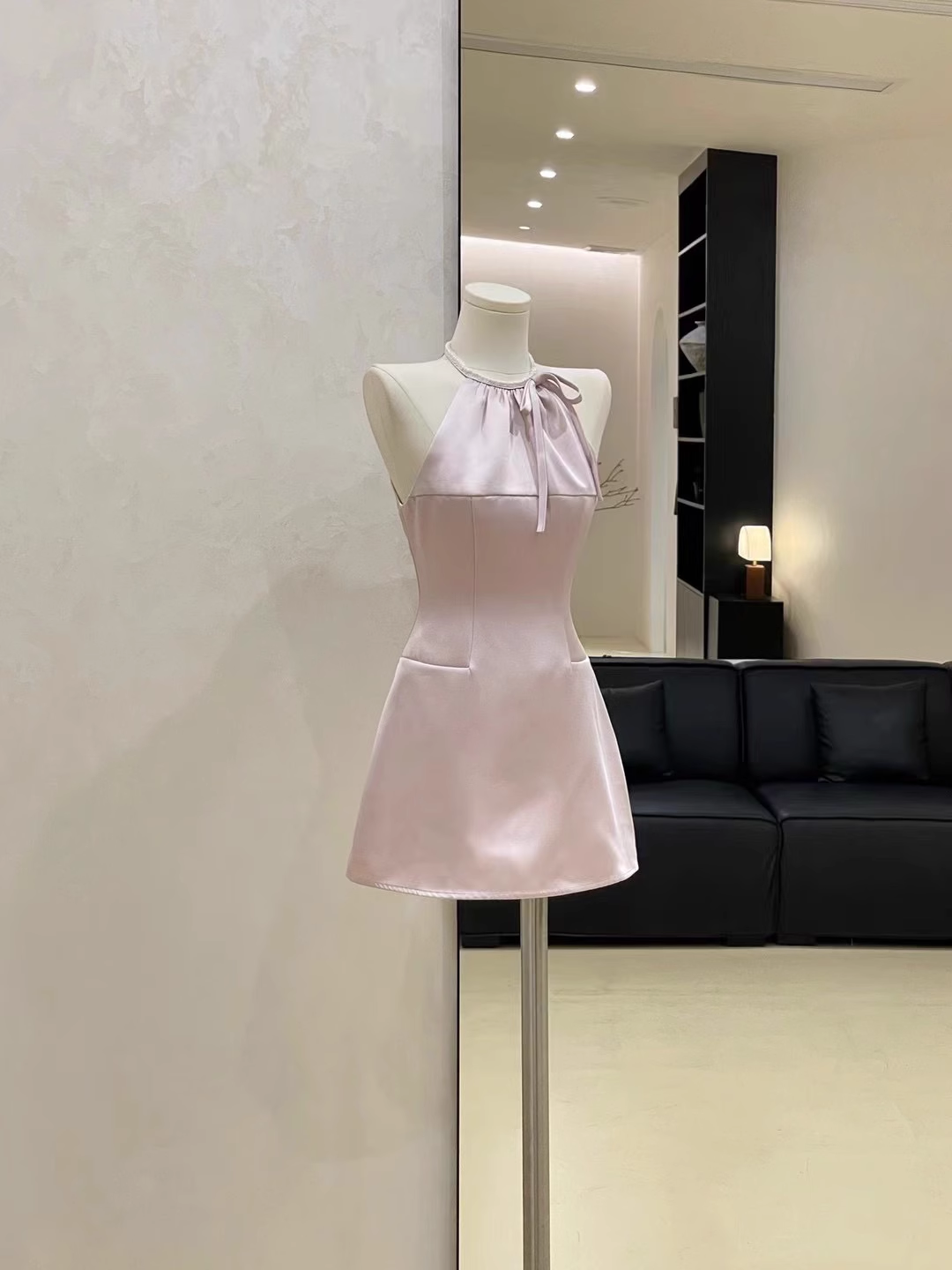 Pink Satin Halter Neck Holiday Dress A-Line Mini Party Dress S242