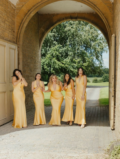 Simple Mermaid Halter Yellow Satin Open Back Bridesmaid Dress Evening Dress SH2796