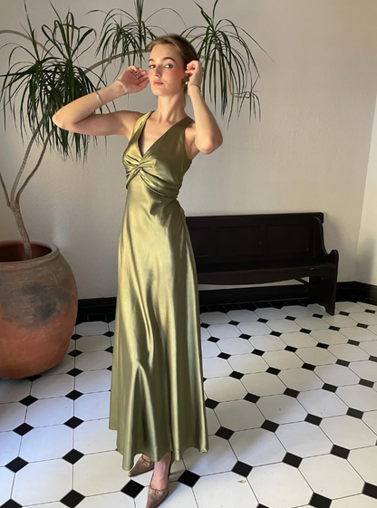 Green Sheath Halter Bow Satin Open Back Prom Dress Graduation Prom Dress SH2587