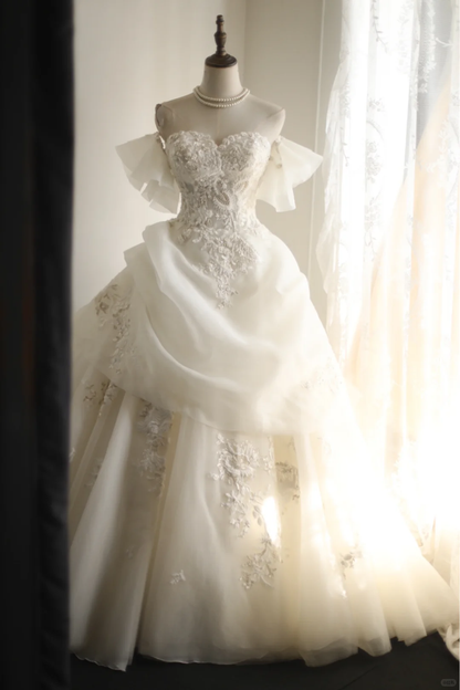 Classy White Tulle Applique Beaded Long Wedding Dress Formal Prom Dress S537