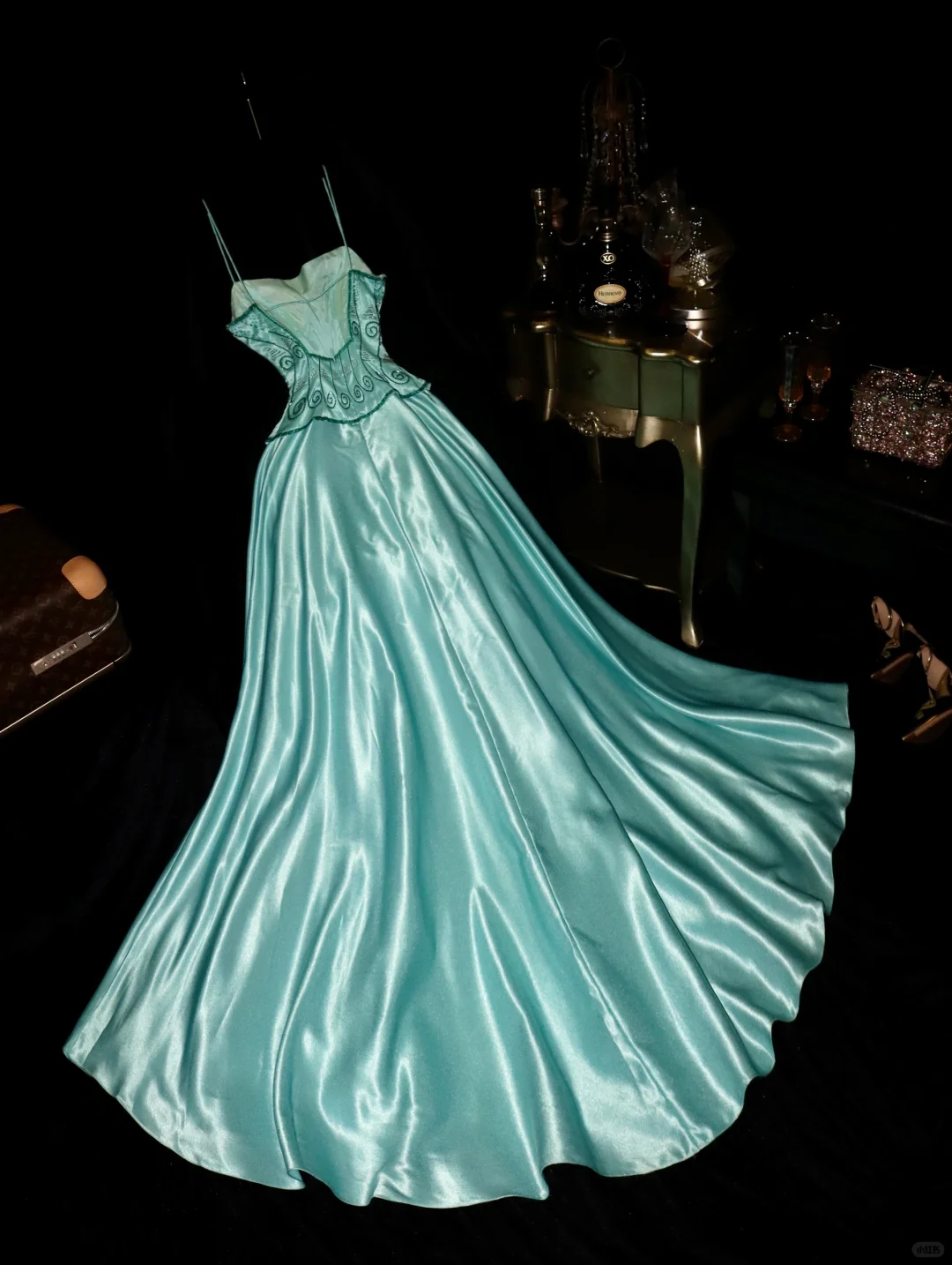 Stunning A Line Spaghetti Strap Beaded Blue Satin Long Prom Dress Party Dress SH3076