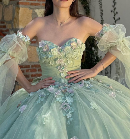 Green Ball Gown Quinceanera Dresses Off the Shoulder Floral Tulle Sweet 16 Dress Party Gowns SH3554