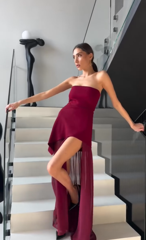 White Flowy Simple A Line Strapless Satin Chiffon Prom Dress Formal Dress with Slit SH3746