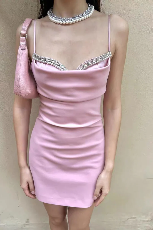 Pink Spaghetti Straps Short Prom Dress With Beading, Bodycon Homecoming Gown SH782