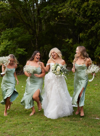 Gentle Sheath Spaghetti Strap Sage Green Satin Evening Dress Bridesmaid Dress with Slit SH2785