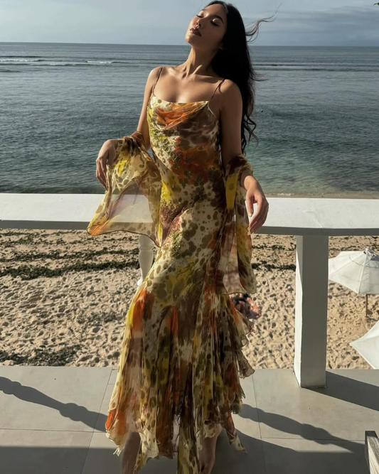 Vintage Mermaid Spaghetti Strap Beaded Ruffle Chiffon Long Prom Dress Evening Dress SH2059