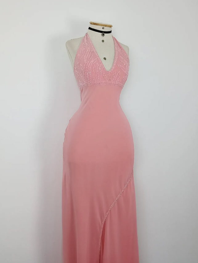 Retro A Line V Neck Pink Beaded Chiffon Prom Dress Evening Dress SH3367