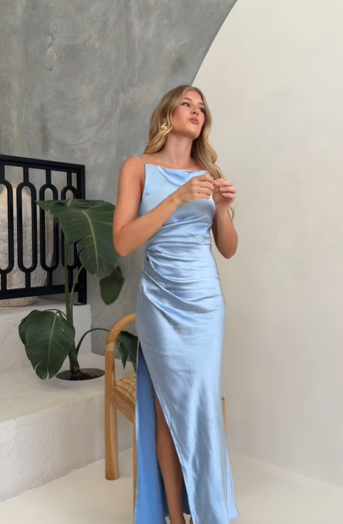 Gentle Sheath Strap Blue Satin Evening Dress Bridesmaid Dress with Slit SH2698