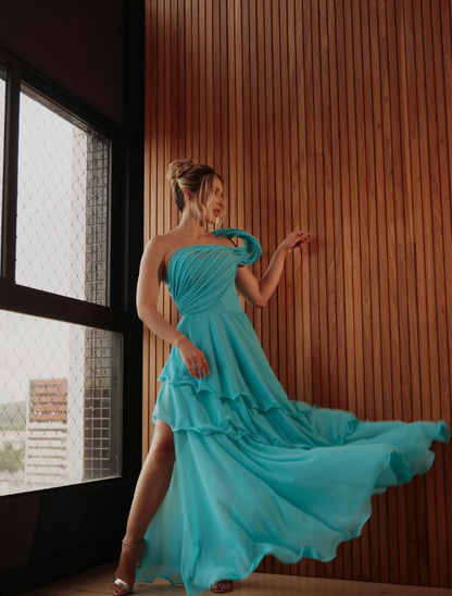 Unique A Line One Shoulder Blue Chiffon Long Prom Dress Evening Dress SH2504