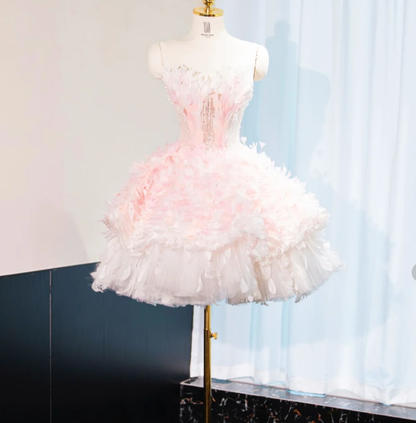 Sweet Pink Princess Tulle Feathers Short Birthday Dress Homecoming Dress S302