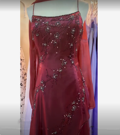 Burgundy Vintage Beaded Long Ball Gown Evening Dress Floor Length Party Dress with Scarf gh3059