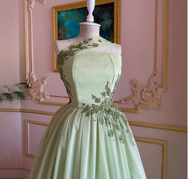 Green Gorgeous Delicate applique Beaded Long Tulle Formal Custom Prom Dress Evening Gown gh3148