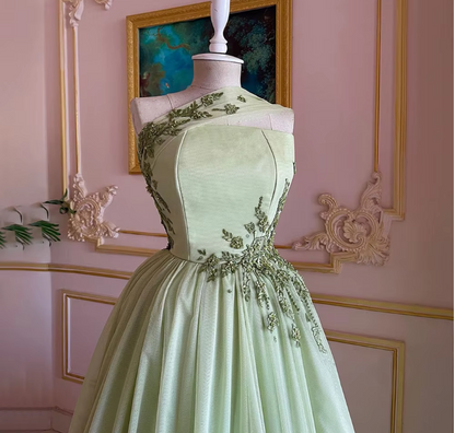 Green Gorgeous Delicate applique Beaded Long Tulle Formal Custom Prom Dress Evening Gown gh3148