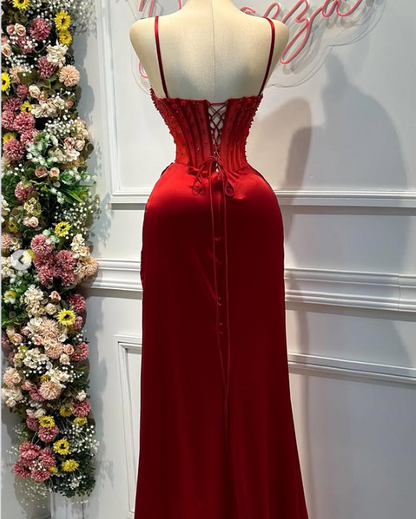 Red gorgeous exquisite fashion shiny spaghetti straps slit mermaid slim long satin ball gown evening dress party dress gh3230