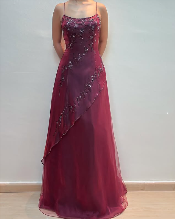 Burgundy Vintage Beaded Long Ball Gown Evening Dress Floor Length Party Dress with Scarf gh3059