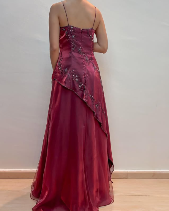 Burgundy Vintage Beaded Long Ball Gown Evening Dress Floor Length Party Dress with Scarf gh3059