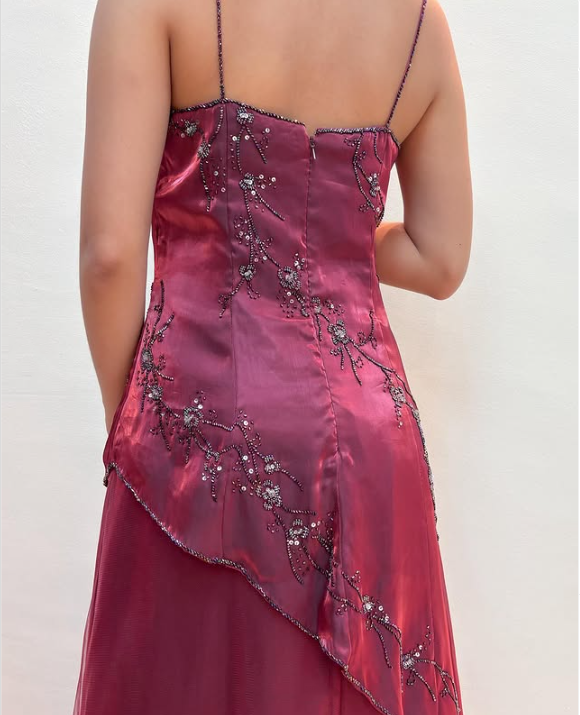 Burgundy Vintage Beaded Long Ball Gown Evening Dress Floor Length Party Dress with Scarf gh3059