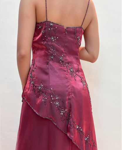 Burgundy Vintage Beaded Long Ball Gown Evening Dress Floor Length Party Dress with Scarf gh3059