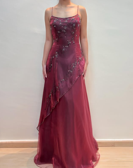 Burgundy Vintage Beaded Long Ball Gown Evening Dress Floor Length Party Dress with Scarf gh3059