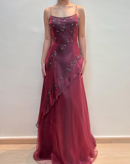 Burgundy Vintage Beaded Long Ball Gown Evening Dress Floor Length Party Dress with Scarf gh3059
