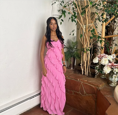 Pink Spaghetti Straps Fashion Elegant Long Chiffon Ruffle Ball Gown Evening Dress Party Dress gh3253