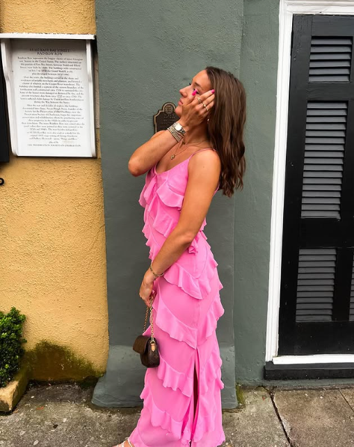 Pink Spaghetti Straps Fashion Elegant Long Chiffon Ruffle Ball Gown Evening Dress Party Dress gh3253