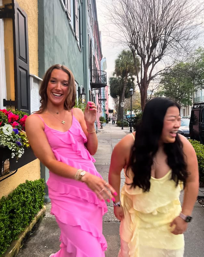 Pink Spaghetti Straps Fashion Elegant Long Chiffon Ruffle Ball Gown Evening Dress Party Dress gh3253