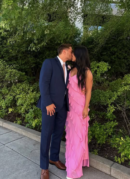 Pink Spaghetti Straps Fashion Elegant Long Chiffon Ruffle Ball Gown Evening Dress Party Dress gh3253