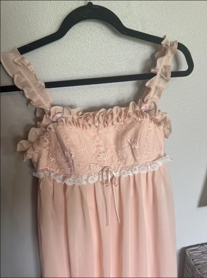 Pink Sweet Elegant Cute Lace Strap Ruffle A-Line Long  chiffon prom dress Evening Dress gh2937