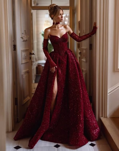 Burgundy shiny sexy Sequins elegant sweetheart neckline Long slit ball gown evening dress with gloves gh3134