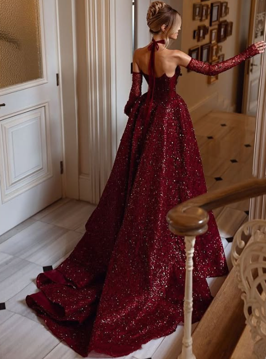Burgundy shiny sexy Sequins elegant sweetheart neckline Long slit ball gown evening dress with gloves gh3134