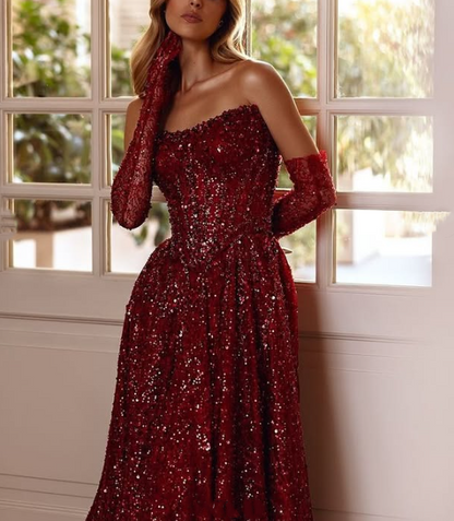Burgundy shiny sexy Sequins elegant sweetheart neckline Long slit ball gown evening dress with gloves gh3134