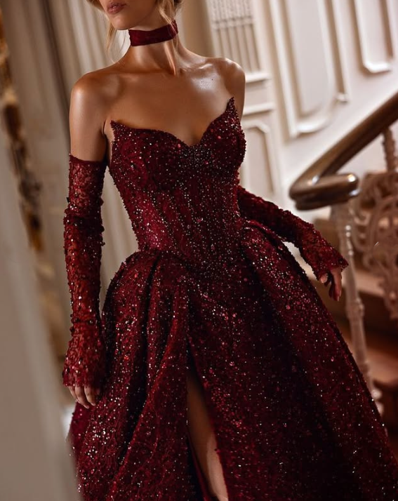 Burgundy shiny sexy Sequins elegant sweetheart neckline Long slit ball gown evening dress with gloves gh3134