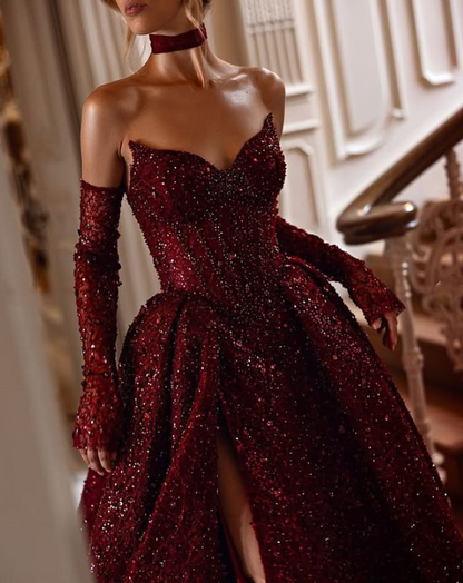 Burgundy shiny sexy Sequins elegant sweetheart neckline Long slit ball gown evening dress with gloves gh3134