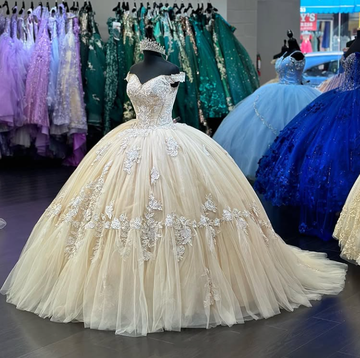 Champagne gorgeous exquisite lace applique off-shoulder long quinceanera dress 15 years old prom dress debutante dress prom dress gh981
