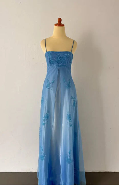 Blue Fashion Elegant Exquisite Embroidery Beading Spaghetti Strap Long Tulle prom dress Evening Gown Party Dress gh3575
