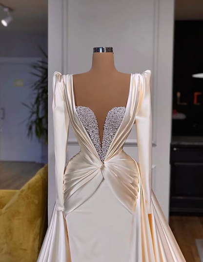 Mermaid Evening Dresses Satin Off The Shoulder Beaded Train Formal Gowns   gh2176