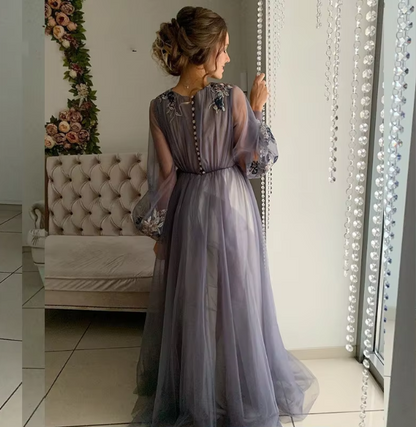 Grey/blue/green elegant delicate floral applique long sleeves maxi tulle ball gown evening dress party dress gh2110
