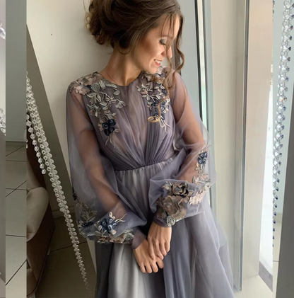 Grey/blue/green elegant delicate floral applique long sleeves maxi tulle ball gown evening dress party dress gh2110