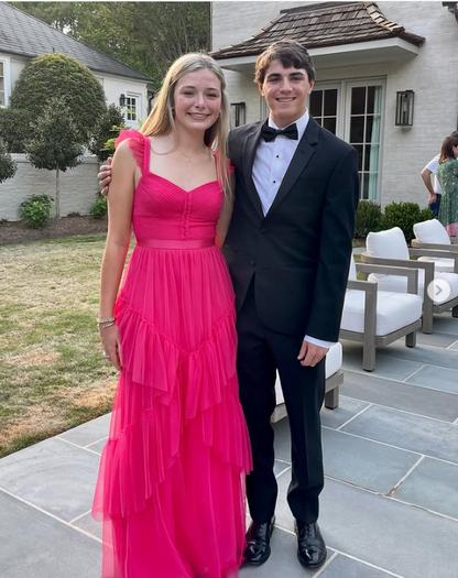 Pink fuchsia fashion elegant tulle flying sleeves shoulder straps long ruffled tulle formal floor-length prom dress evening gown party dress graduation dress gh2796