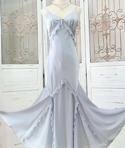 Silver Blue Vintage Fashion Elegant Exquisite Beading Mermaid Spaghetti Strap Satin Long Prom Gown Party Dress gh3684
