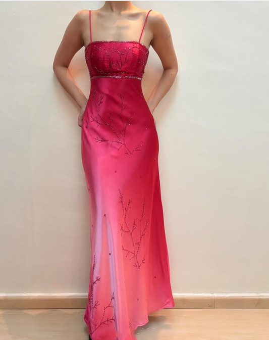 Pink Fashion Gradient Elegant Fairy Exquisite Beading Spaghetti Strap Long Satin Ball Gown Evening Dress Birthday Party Dress Prom Dress gh3760