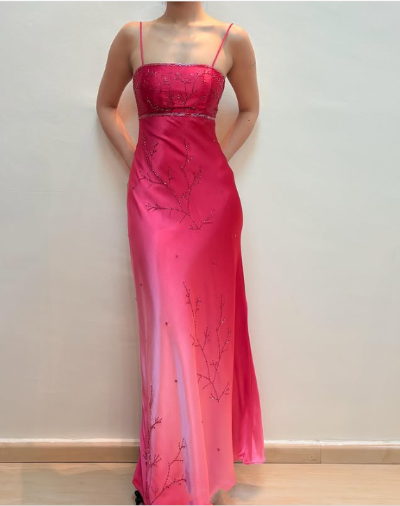 Pink Fashion Gradient Elegant Fairy Exquisite Beading Spaghetti Strap Long Satin Ball Gown Evening Dress Birthday Party Dress Prom Dress gh3760