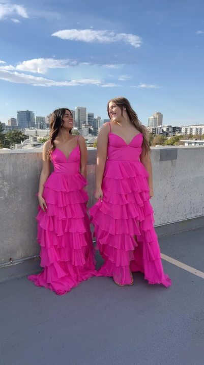 Hot Pink Spaghetti Straps Tiered Long Prom Dress gh2790
